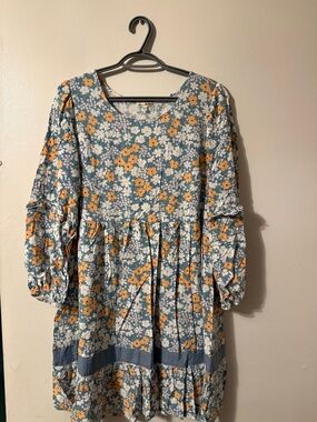 Blue Floral Puff-Sleeve Mini Dress with Yellow Accents